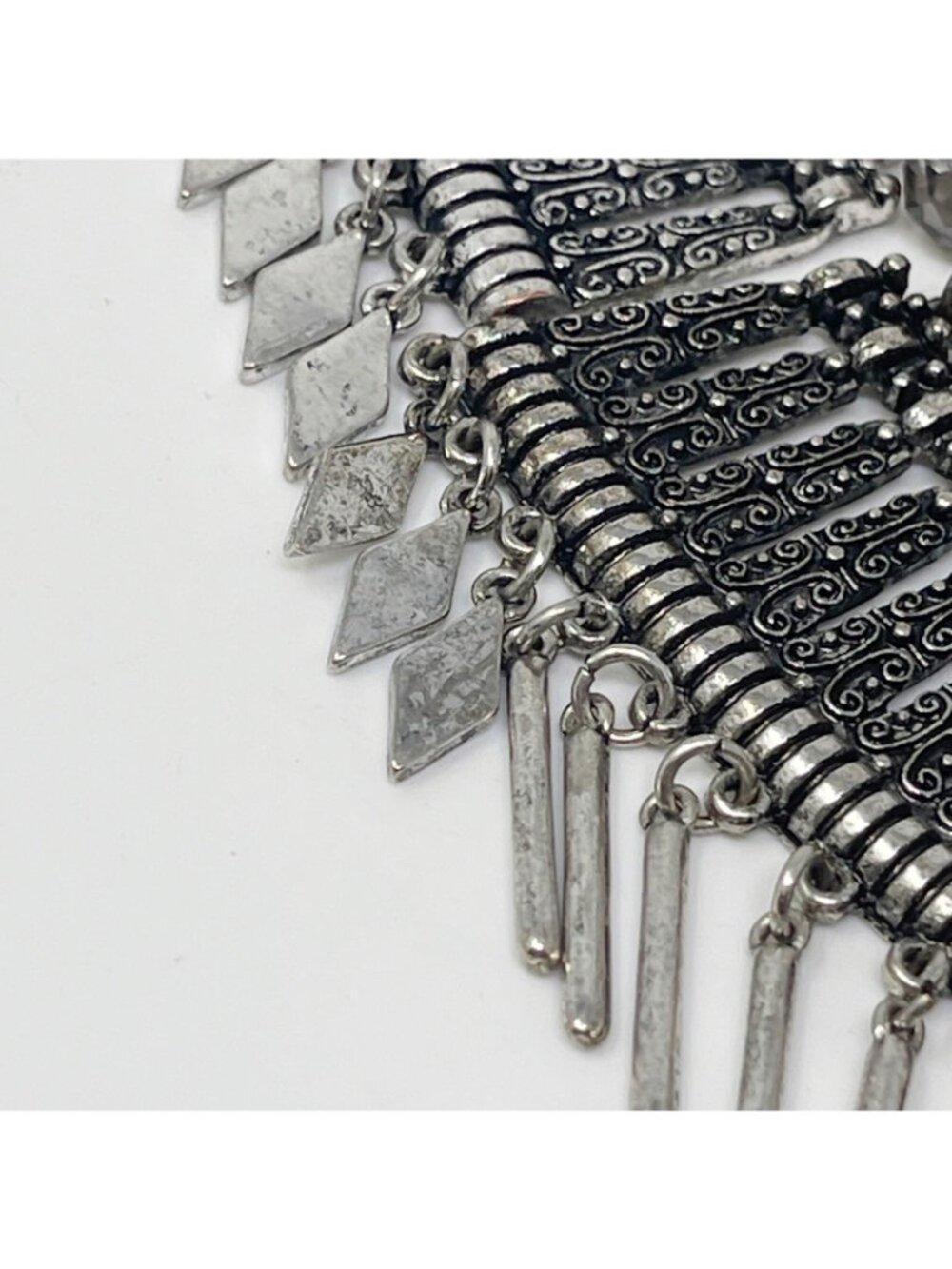 Tribal Statement Bib Necklace Maroon Cord Silver Tone Fringe Metal Etched Boho - Picture 8 of 9